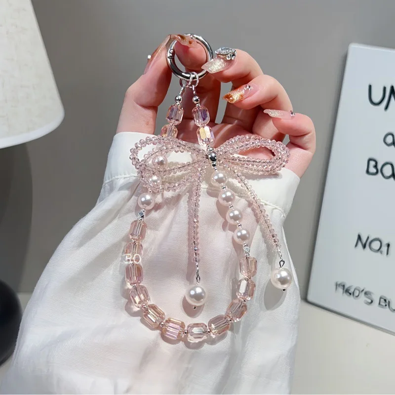 

Высококачественная цепочка для мобильного телефона Sense of Crystal с жемчугом, ремешок для мобильного телефона с бантом, чехол для мобильного телефона из бисера, подвесная цепочка