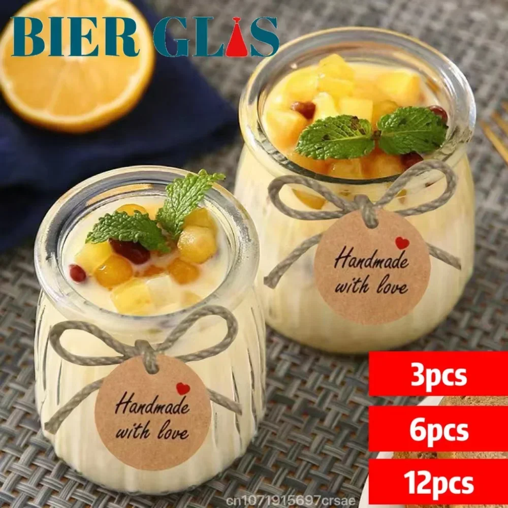 12pcs Set Glass Jar Pudding Container with Lid Party Storage Containers Yogurt Bottle Dessert Cups Handmade Tag Wholesale Pot