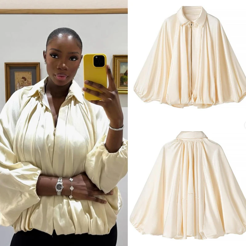 سترة نسائية منفوخة من HXAO بطيات كبيرة الحجم سترات نسائية منتفخة مقصوصة سترة صيفية ملابس خارجية بسحاب وأكمام طويلة سترة خضراء #6