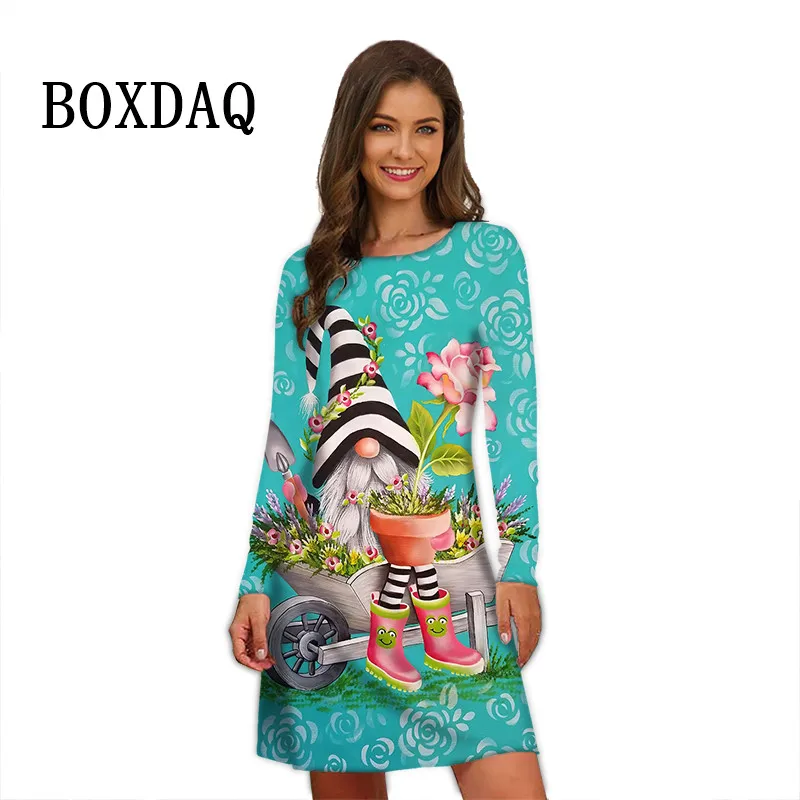 3D Floral Print Women Christmas Dresses For Winter 2024 New Long Sleeve Casual Party Mini Dress Elegant Ladies Plus Size Clothes