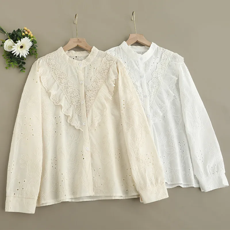 

Рубашка из 100% хлопка в стиле японской Лолиты, кружевная рубашка с рюшами по краям, вышитый воротник-стойка, свободный кардиган, весенне-осенний повседневный универсальный топ