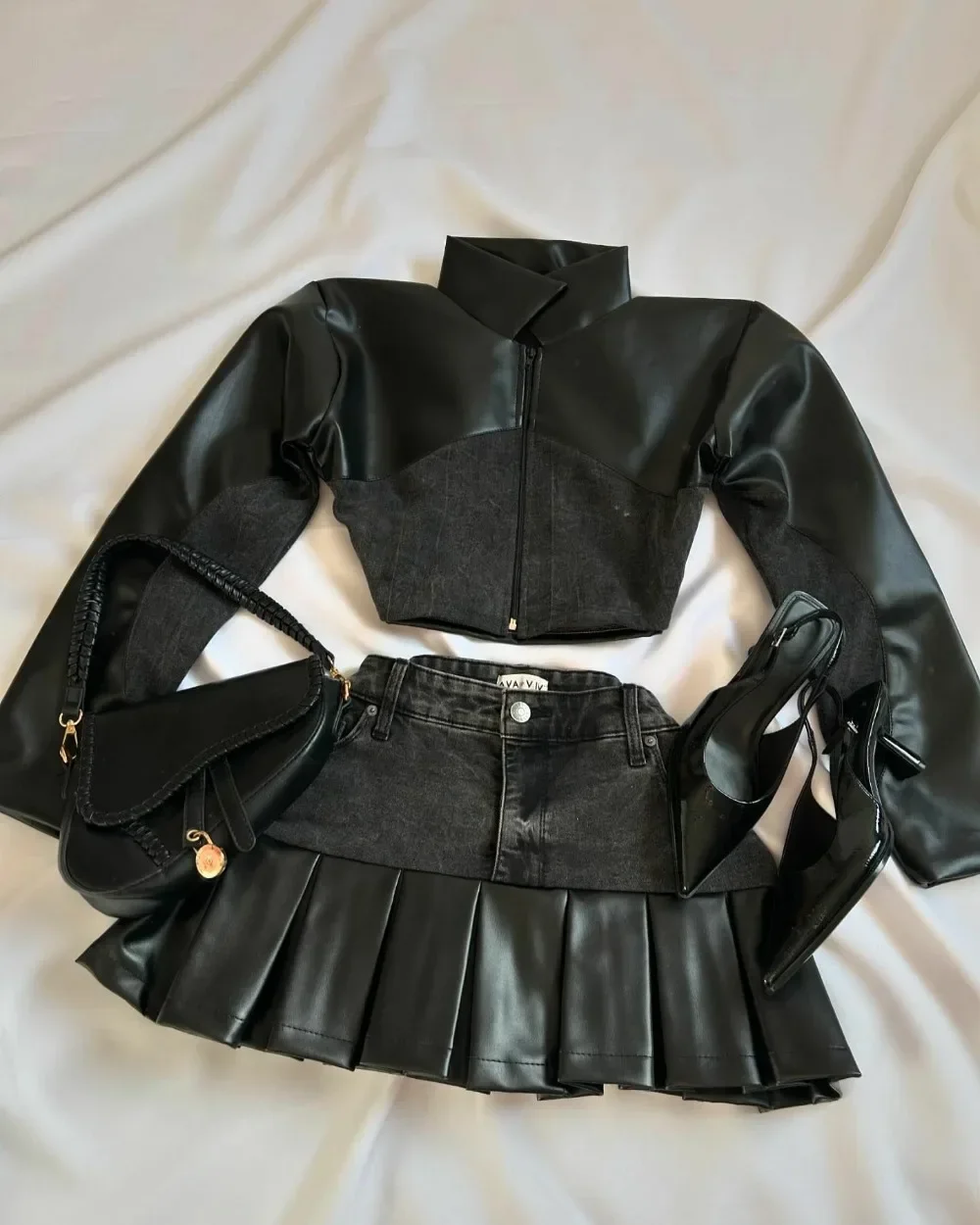 Goth Fashion Leather Spliced Denim Black Two Piece Set Women Harajuku Long Sleeve Zipper Jacket Mini Pleated Skirt Autumn Jacket