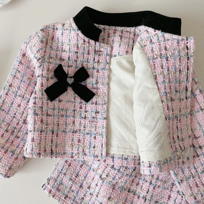 

2025Autumn New Girls' Outfit Korean Style Long Sleeve Pink Jacket and Skirt Two-Piece Set