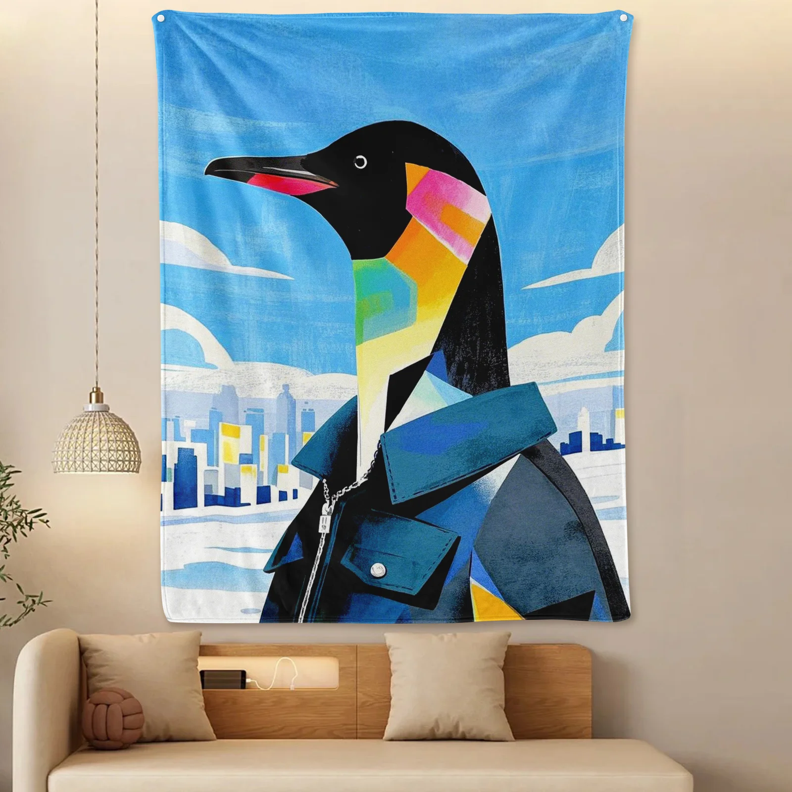 Penguin Design With Blue Coat And White Accents Cozy Blanket For Modern Home Decor And Relaxing Comfort