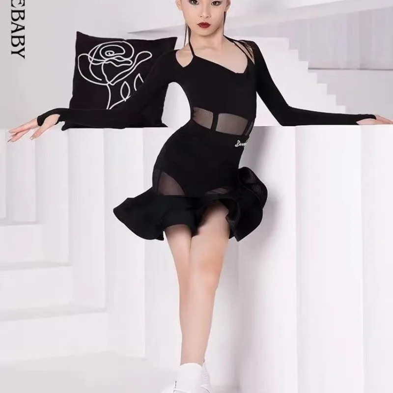 

customized Dancebaby Latin dance suit swinging collar fishbone mesh skirt practice outfit long sleeved bodysuit jumpsuit dress
