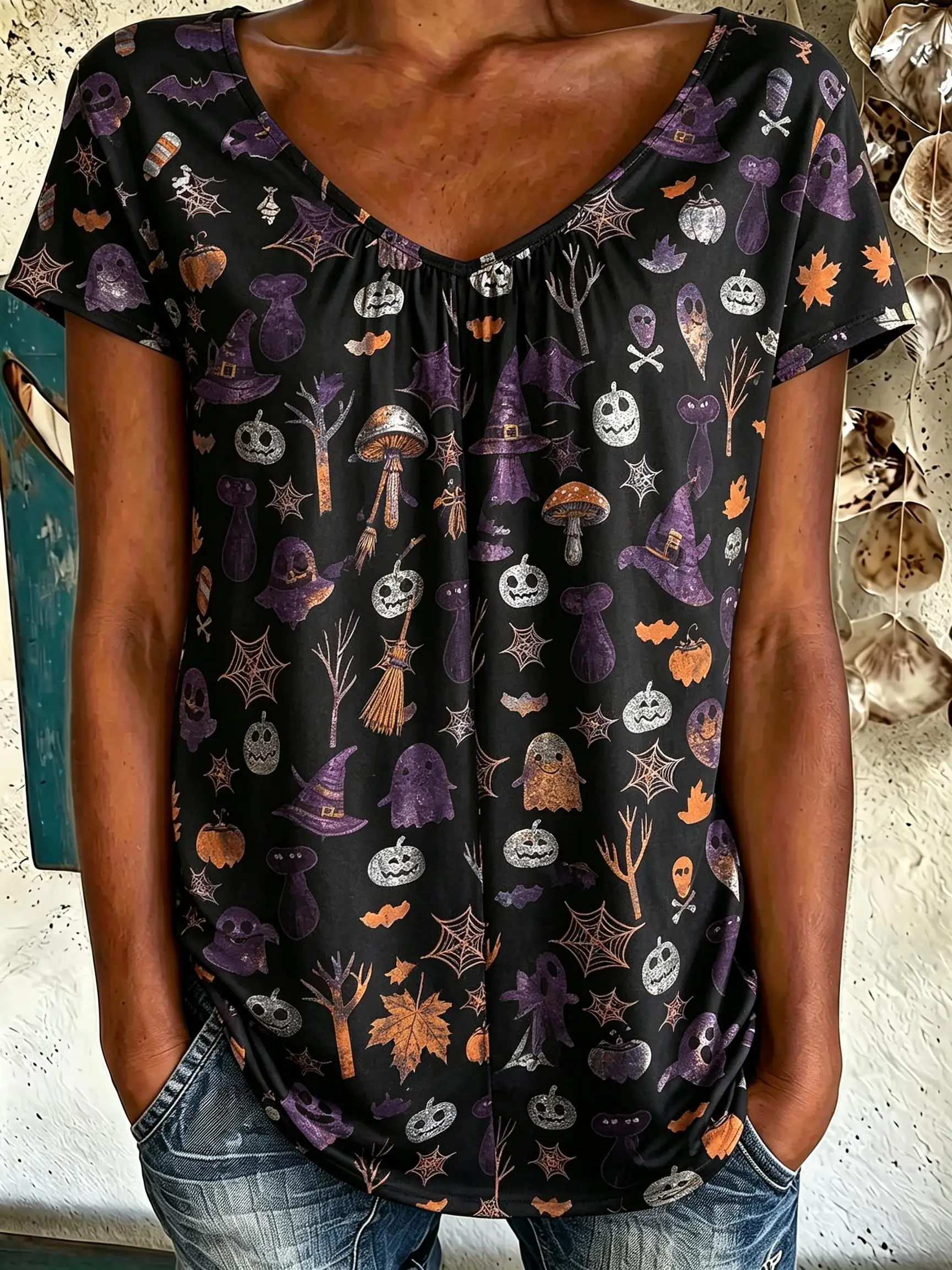 Women V‑Neck Gathered Short Sleeve T‑Shirt Halloween All‑Over Print Tees Ghost Pumpkin Witch Hat Spider Web Daily Tops