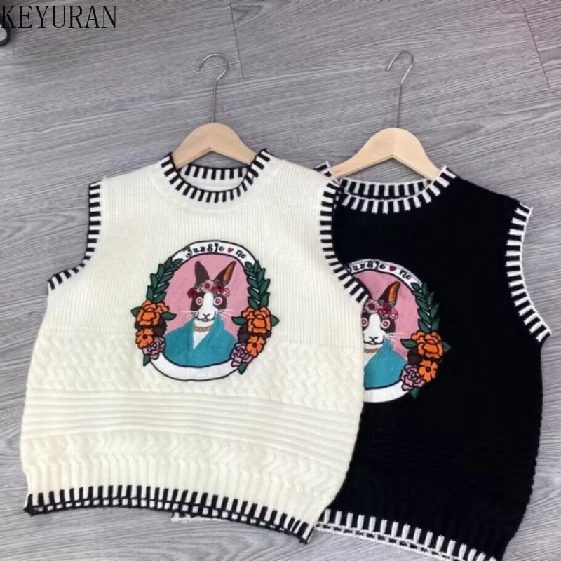 Cartoon Cat Embroidery Knitted Sweater Vest Women Ropa Mujer O-neck Sleeveless Tanks Fashion Casual Waistcoat Japanese Cute Tops