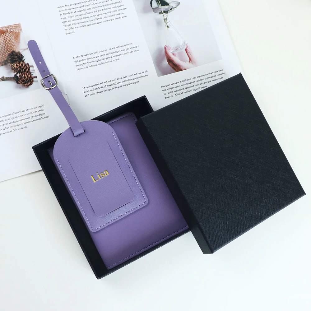 Customized Name PU Leather Passport Bag Luggage Tag Gift Set, Multi-Card Slots Large Capacity Wallet Passport Bag