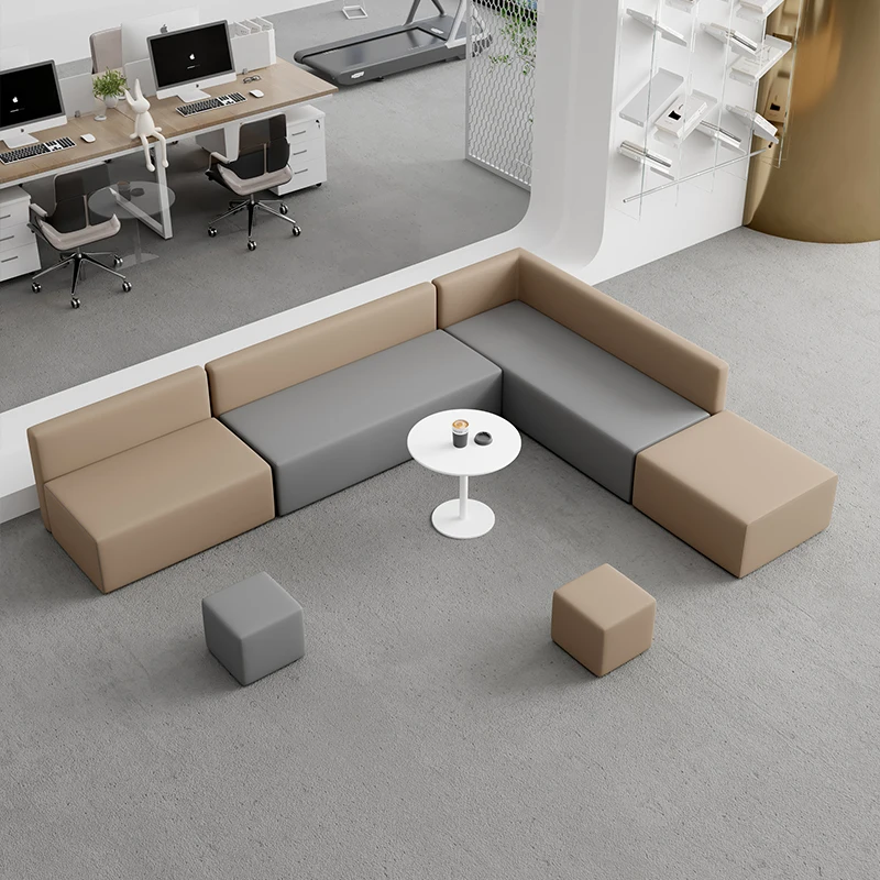 

Creative training institution office simple front desk reception leisure lounge area waiting corner sofa coffee table