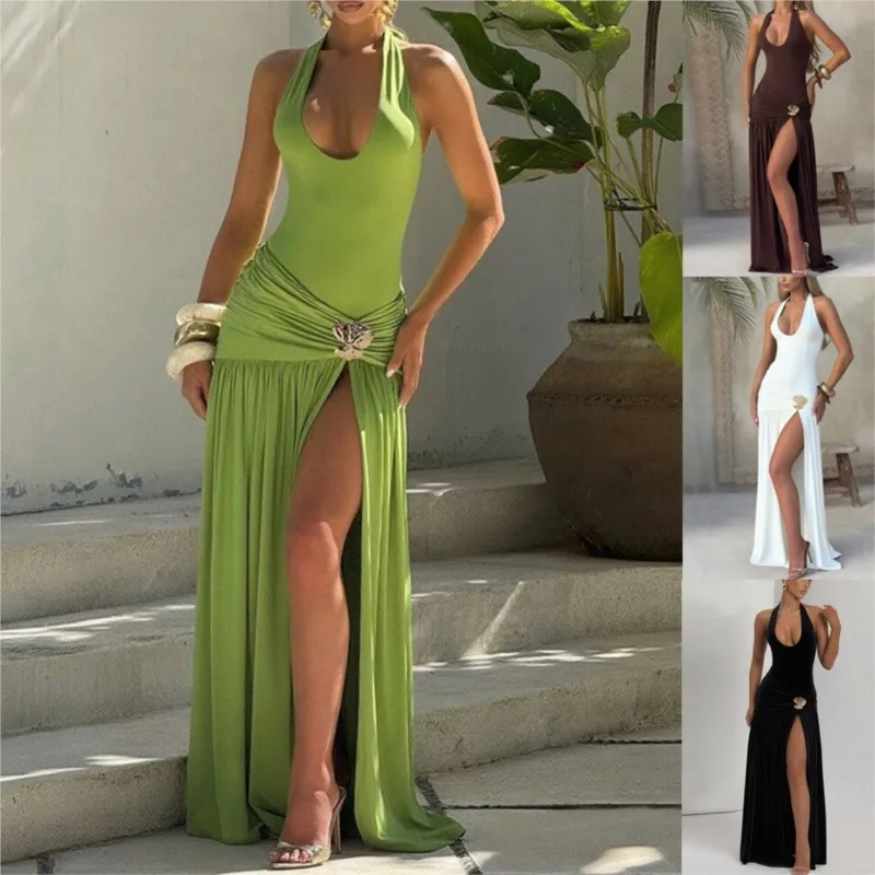 

Dresses For Woman Elegant Halter Sexy Fashionable Backless Ruched Drop Waist Long Dress High Split Slim Fit Party Wedding Dress