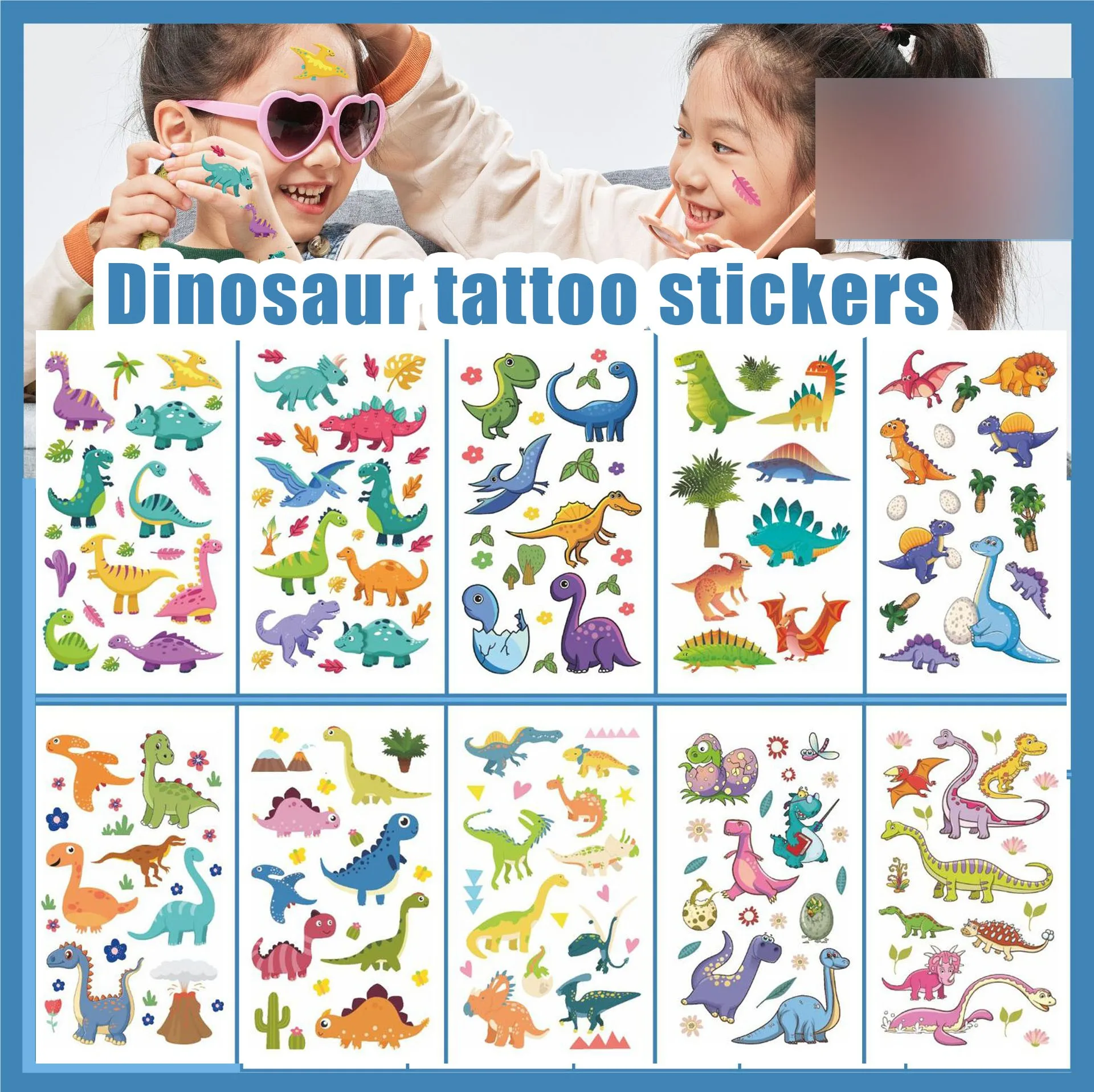 10 Children\'s Tattoo Stickers Dinosaur Cartoon Boys and Girls Animals Cute Personality Temporary Face Arm Stickers