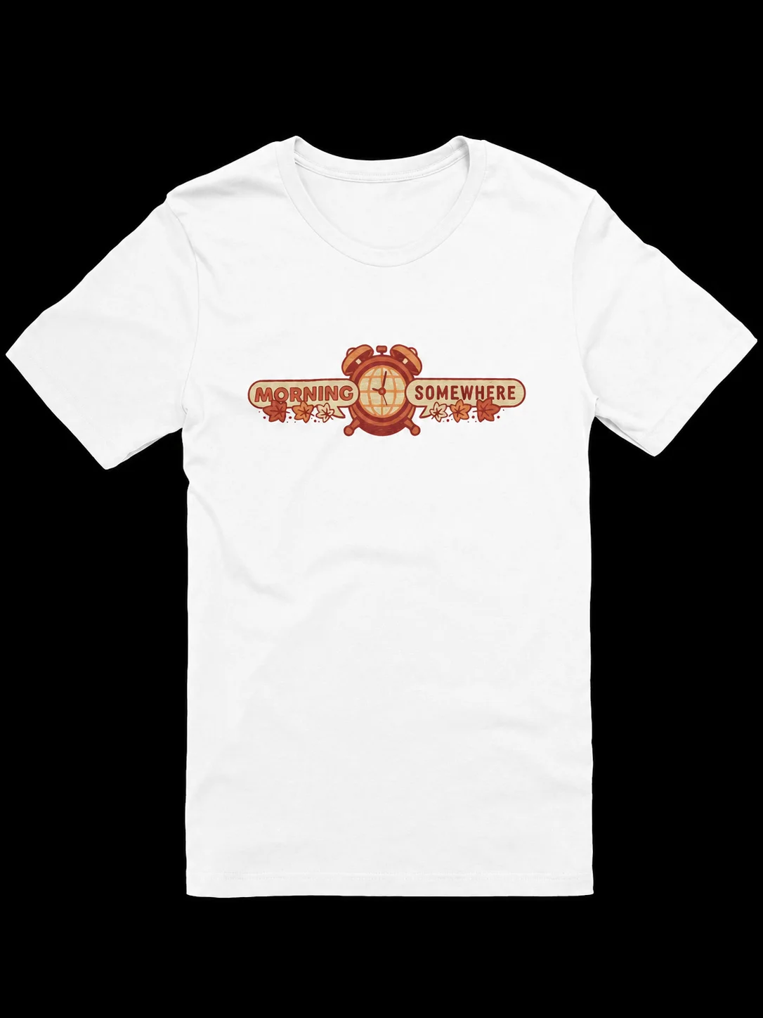 Hot Sale Morning Somewhere Retro Alarm Clock Graphic T‑Shirt, Fall Maple Leaf Print Unisex Casual Short Sleeve Cotton Autumn Tee
