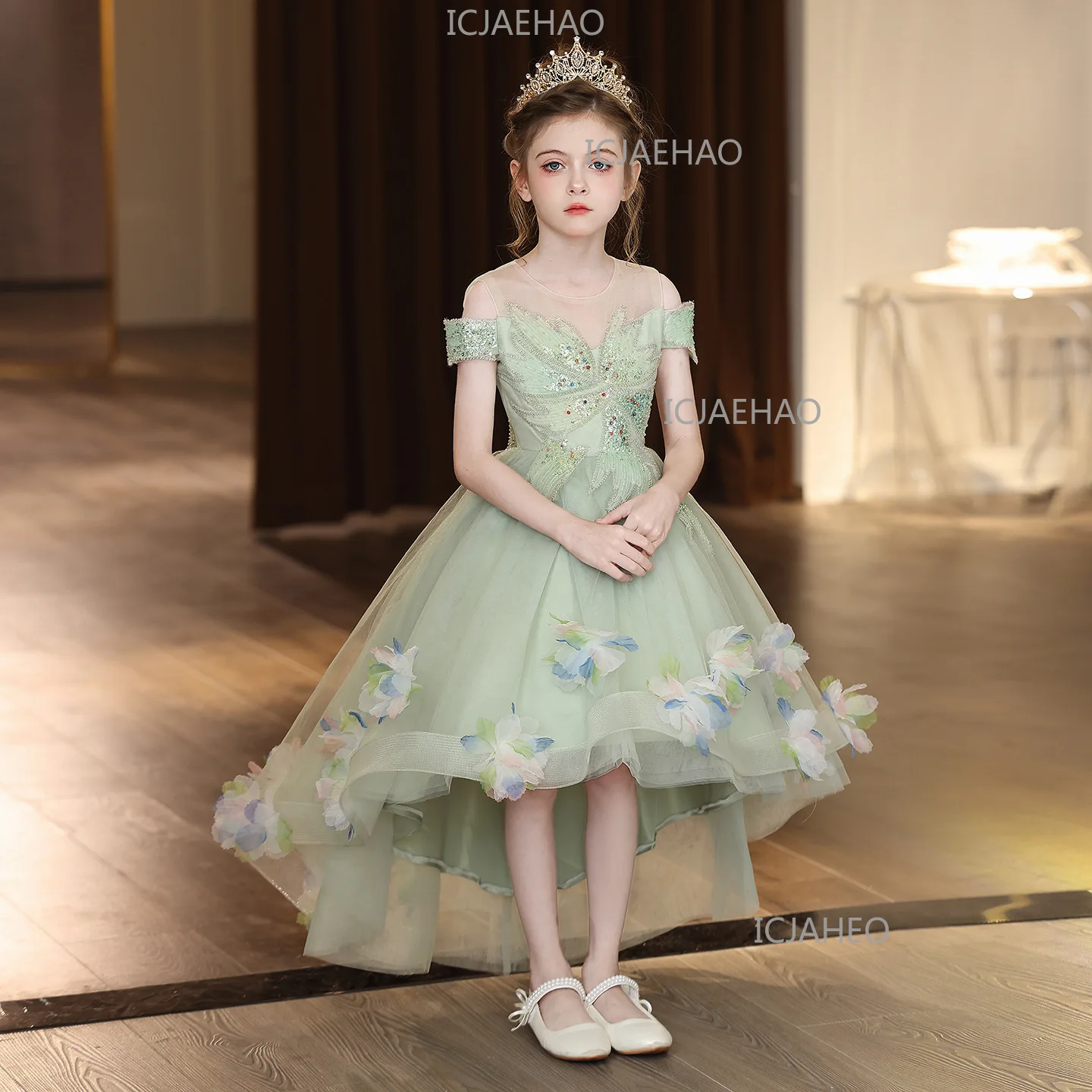 Girls Princess Dress Green 3D Floral Design Outfit  Birthday Party Banquet   Dress Formal Gown For Kids Host Piano Performance view 3