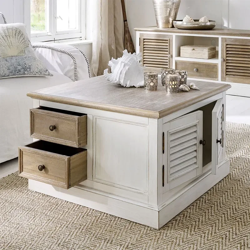A  American Country Solid Wood Coffee Table French Entry Lux Vintage Distressed Coffee Table Small Apartment Living Room