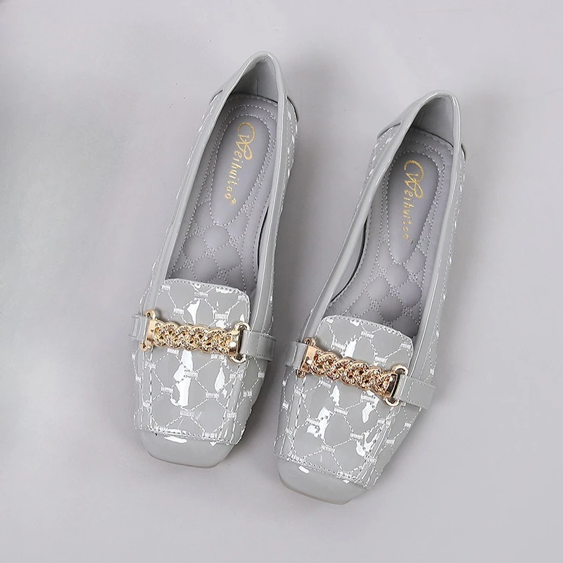 

Soft Sole Single Shoes Women's Autumn New Square Toe Shallow Mouth Metal Buckle Large Size Non-slip Flat Shoes