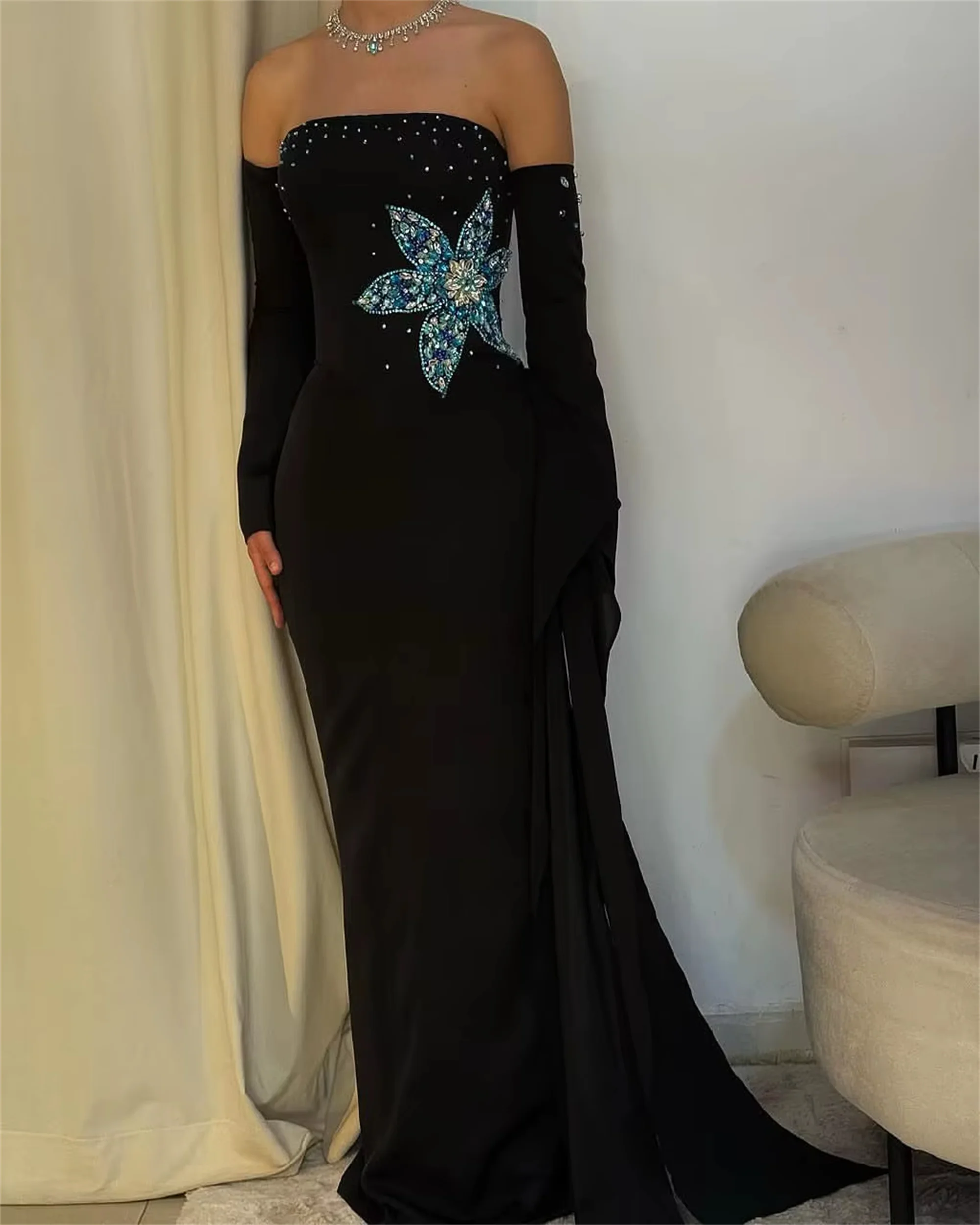 فستان سهرة بكريستال زهرة سوداء قابل للفصل وأكمام طويلة فستان حفلة كوكتيل عربي مخصص في دبي فساتين لحضور الحفلات الموسيقية EVON BRIDAL #5