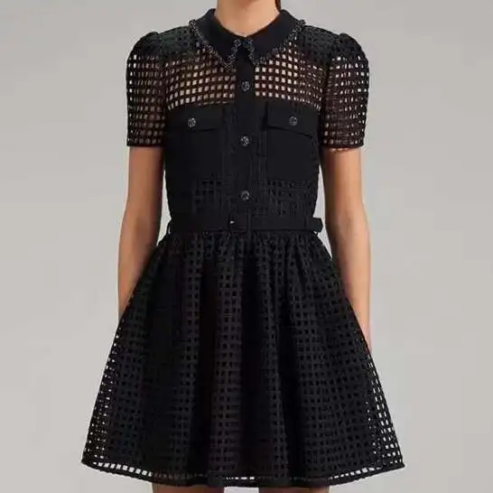 SP French Light Fragrance Short Sleeved Beaded Heavy Industry Water Soluble Lace Hollow Small Black Dress