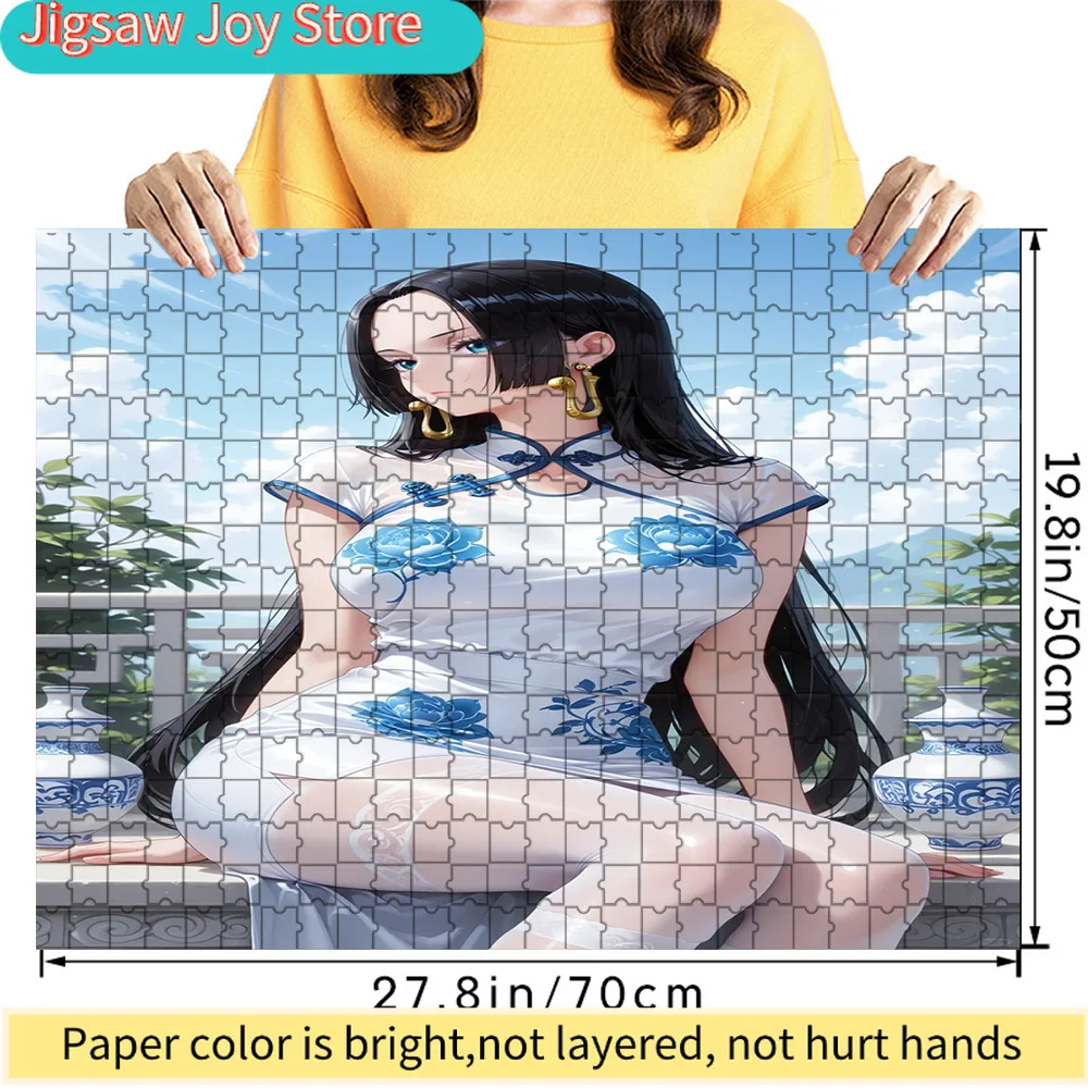 

One Piece Boa Hancock Long Black Hair White Blue Floral Qipao Outfit Art Paper Jigsaw Puzzle, Pirate Empress Character Decor, Co