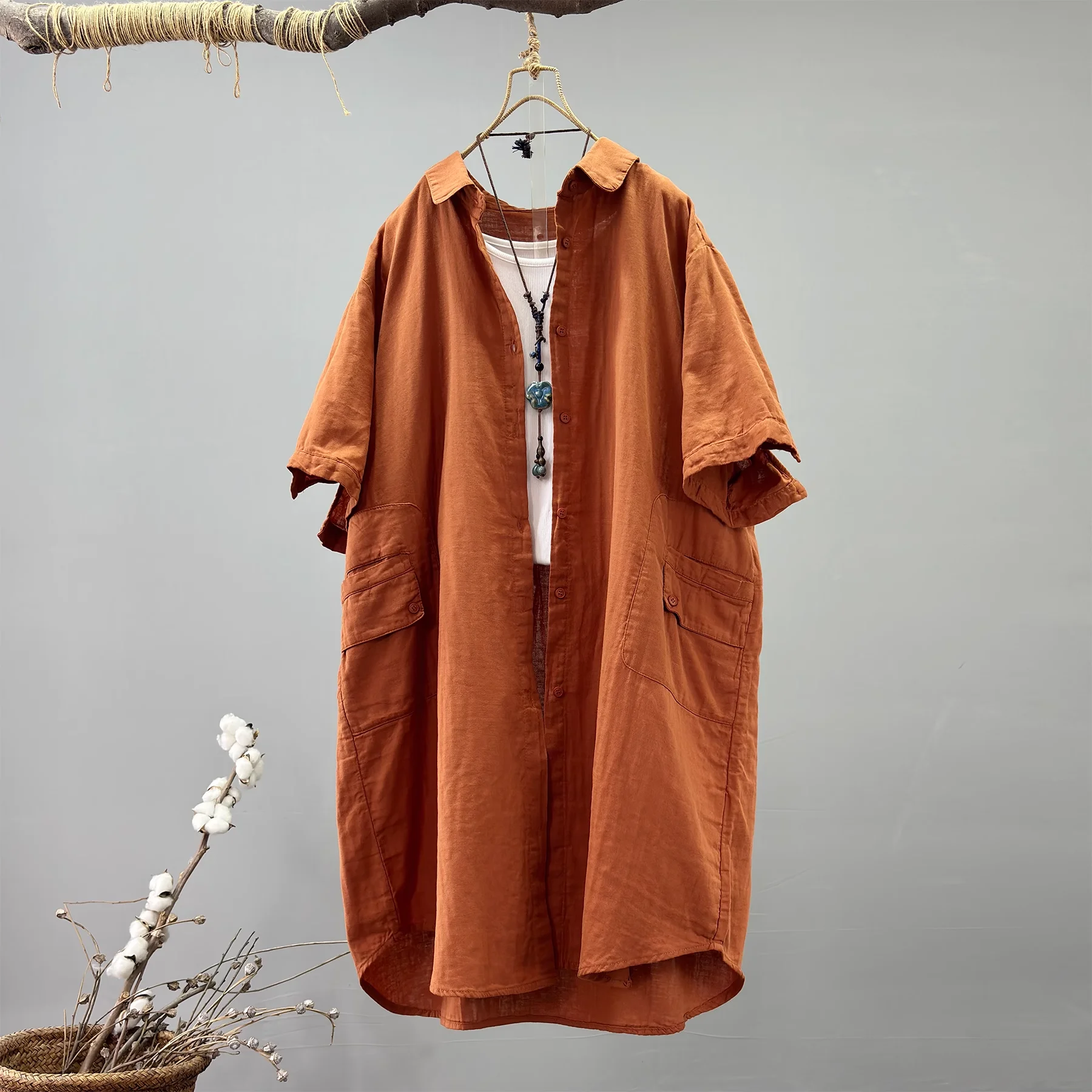 

Bust 128cm cotton yarn large size tops for women summer fall short sleeve solid long shirts and blouses loose cardigan outwear