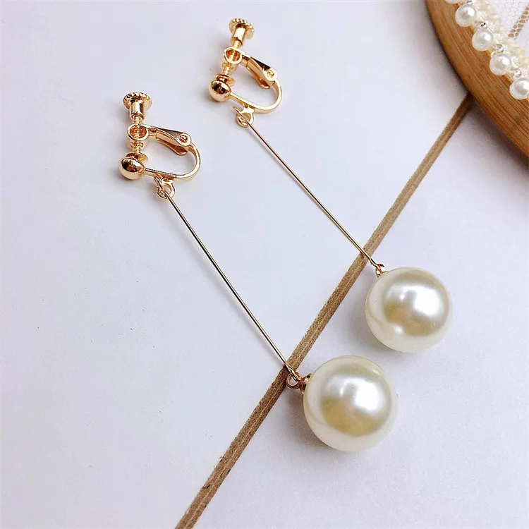 GRACE JUN Gold Color Faux Pearl Clip on Earrings No Pierced Luxury Fashion Drop Earrings Party Wedding Fashion Women\'s Earrings