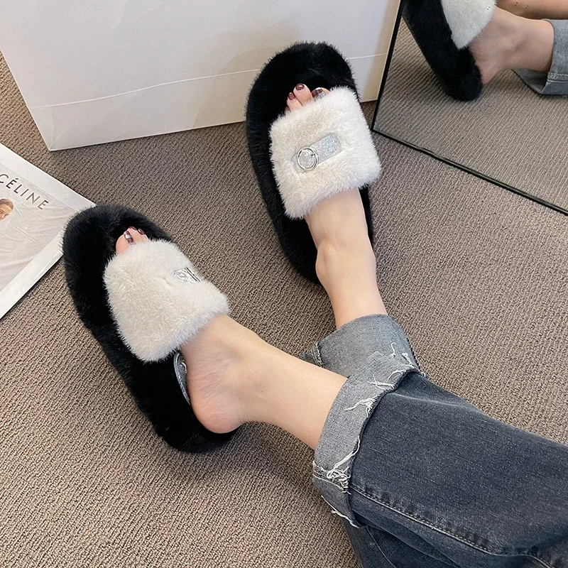 Thick Fluffy Fur Slippers 2024 New Women Winter House Warm Furry Slippers Women Flip Flops Home Slides Flat Indoor Floor Shoes