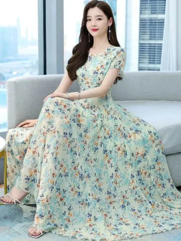 

Faionable round Ne ort Sve Dr Slimming Waist Beach Casual Mid-Length A-Line Skirt Korean Sle Commute Dr