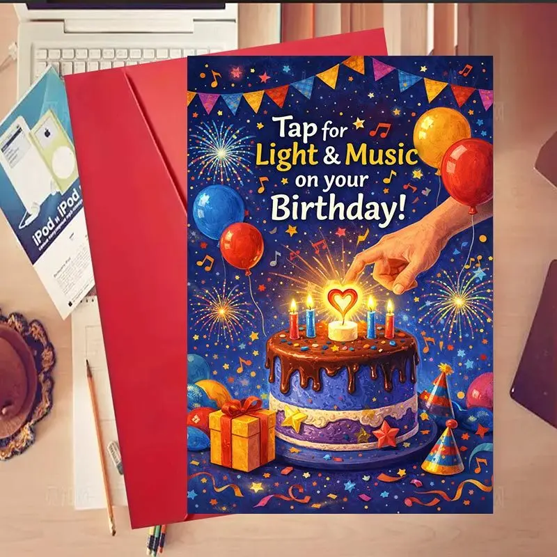 Interactive greeting card, suitable for giving to friends, with lighting and music functions, ideal for birthday celebrations