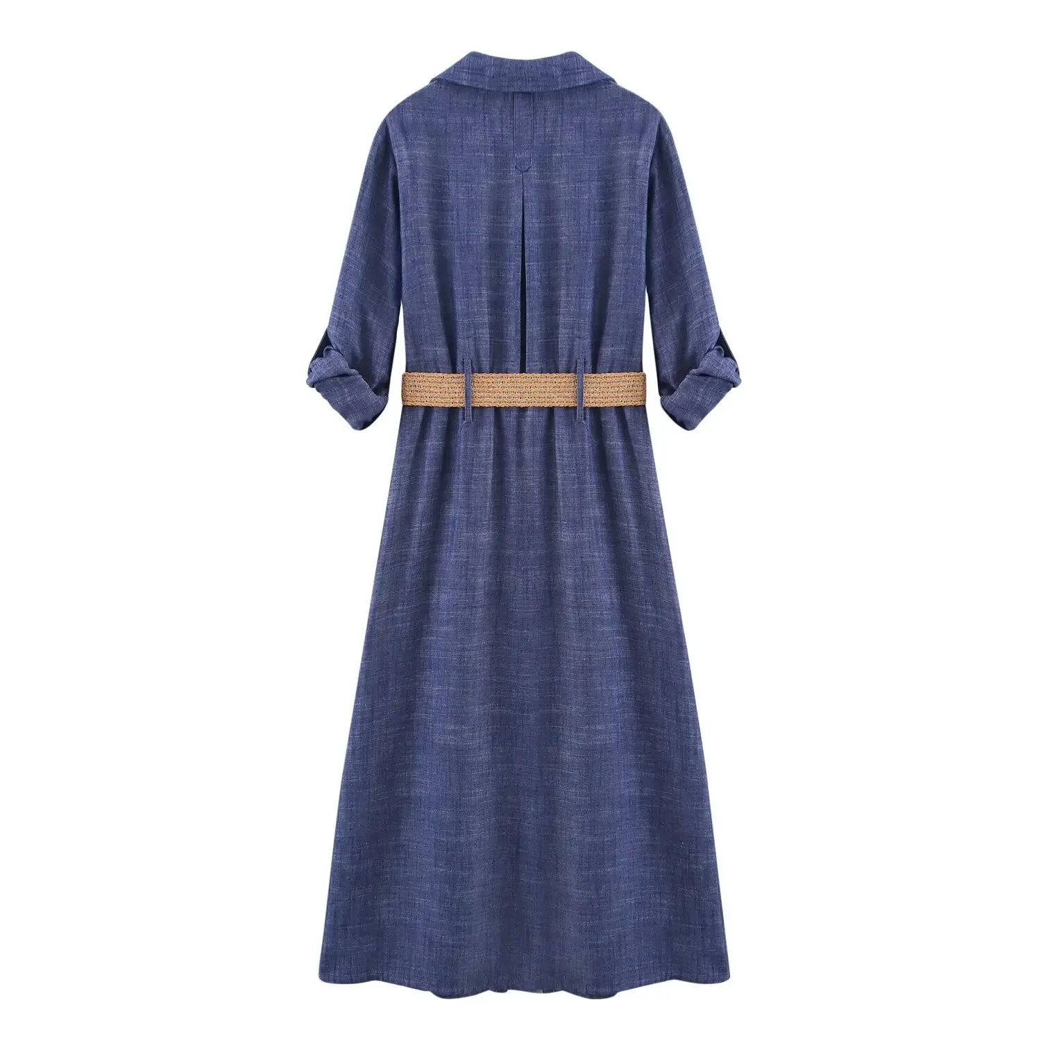 الخامس الرقبة التلبيب واحدة الصدر ميدي كم فساتين حزام أنثى موضة ميدي فستان أنيق مخطط قميص فستان طويل للمرأة #3