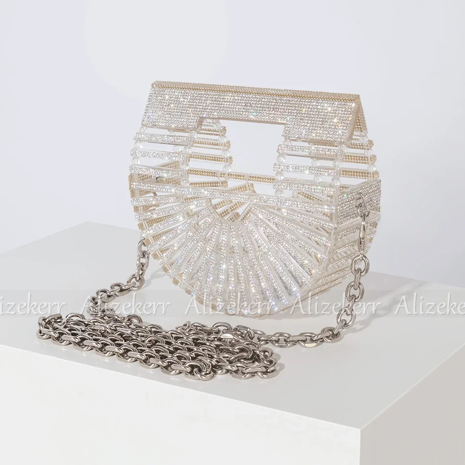 Mini Clear Acrylic Evening Clutch Purses Women Designer Chain Transparent Hollow Out Half Round Crossbody Bags Wedding Party