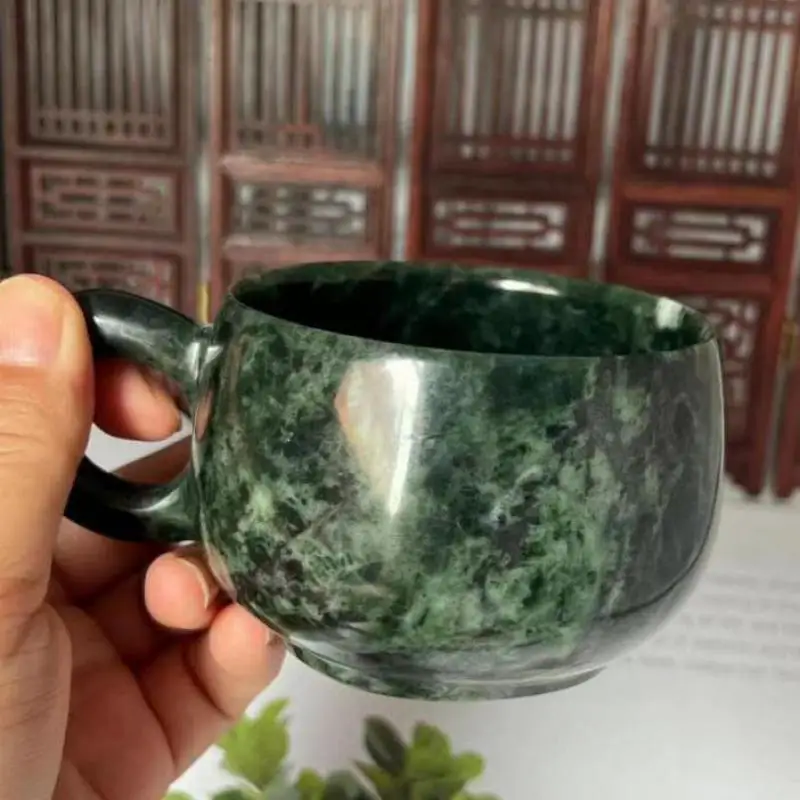 Natural Dark Green Jade Teacups Health Stones Mug Chinese Tibetan Medicine King Stone Magnetic Jade Mugs Water Milk Coffee Cup