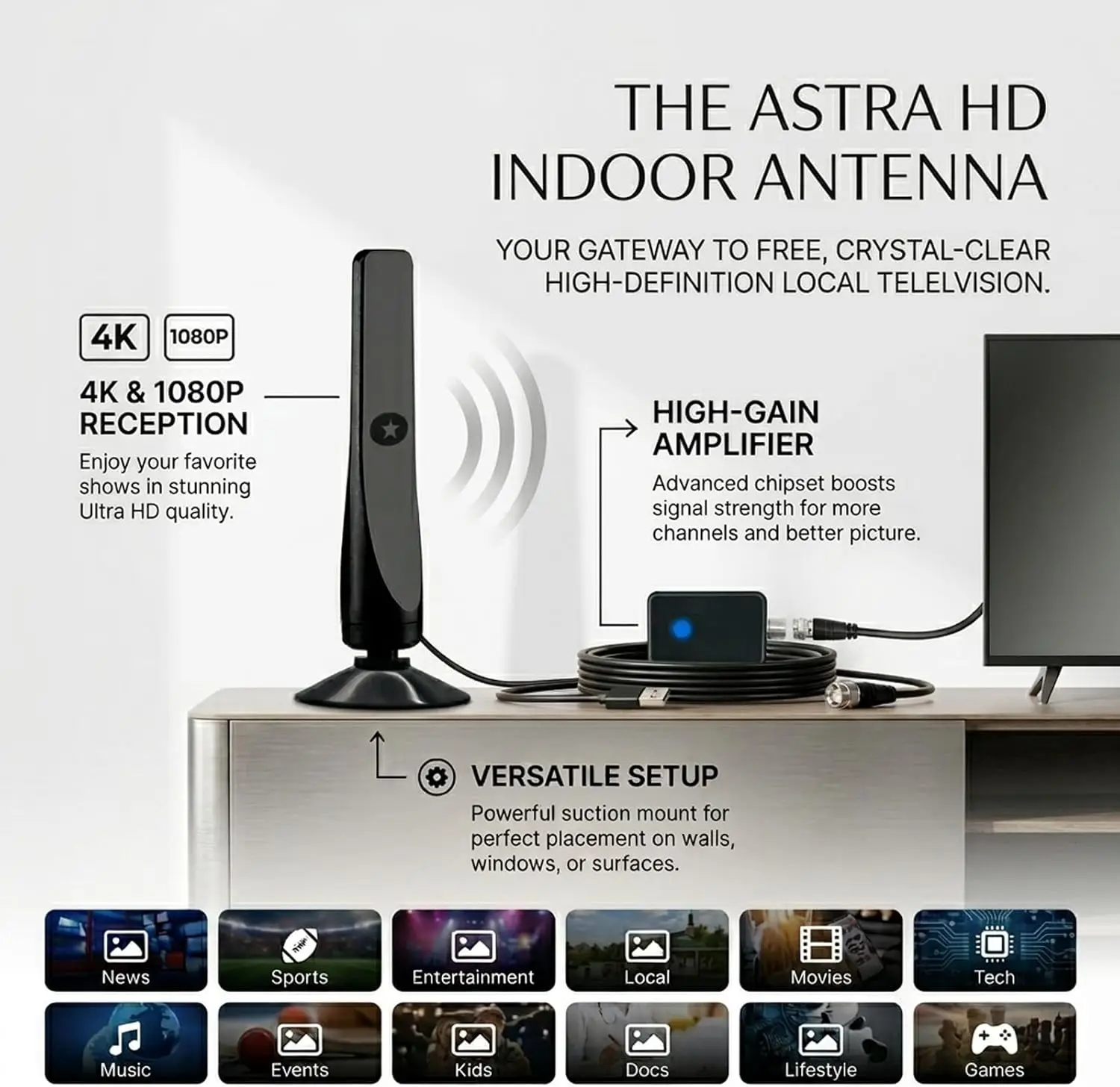 TV Digital Antenna with Signal Booster HD Antenna Support 4K 1080P VHF/UHF TV Antenna 25DB 500 Miles Range for Smart Digital TV