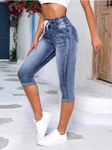 Y2K Women's Denim Jeans Hole Ripped Jean Short Pant with Pocket Cuffed Hem Drawstring Elastic High Waist Skinny Slim Fit Pant