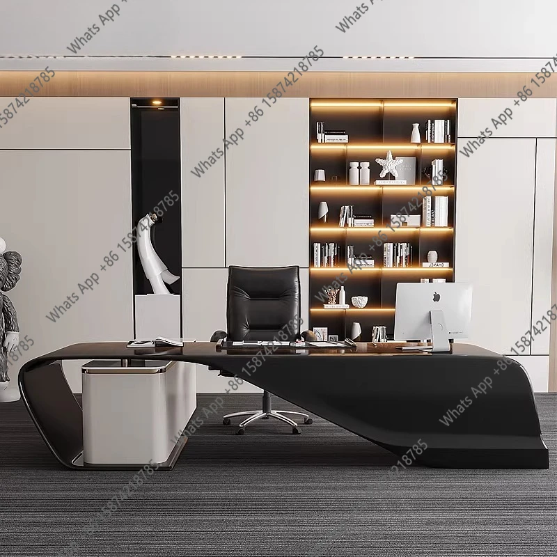Solid wood leather boss's desk, simple and modern Italian light luxury baking paint, large class desk, office boss's desk