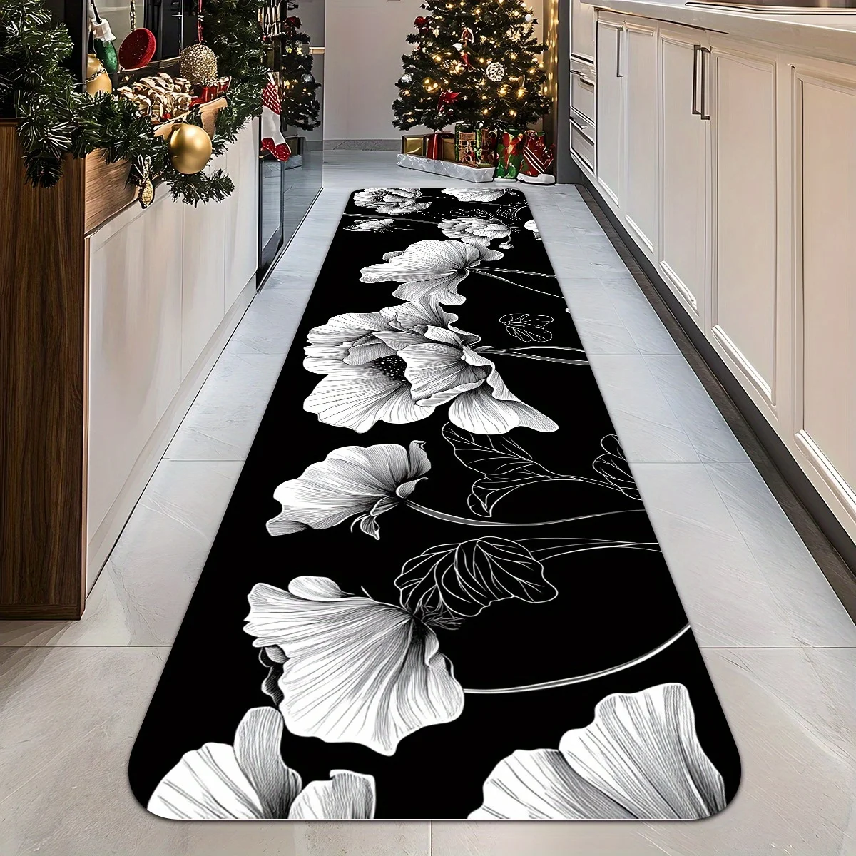 Minimalist Black White Floral Line Art Diatom Mud Kitchen Mat, Super Absorbent Quick-Dry Non-Slip Stain Resistant Long Floor Mat