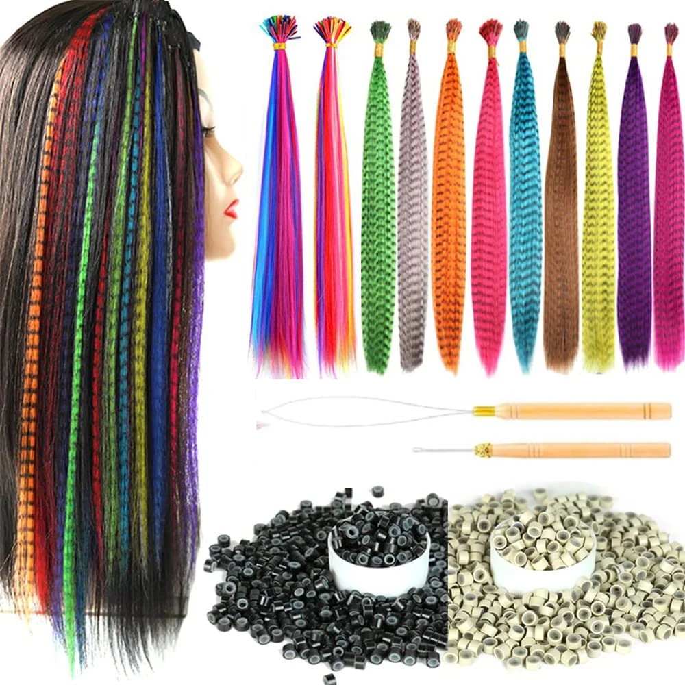 50-delige haarveren met haarverlengingsgereedschap, lange rechte synthetische haarveerverlengingsset met kralen voor dames en meisjes - afbeelding 2