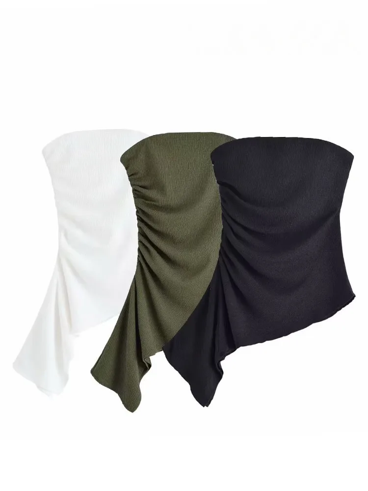 

HH женские летние модные топы, однотонные, без бретелек, без рукавов, с открытой спиной, украшенные складками, женский сексуальный тонкий топ с асимметрией, 3 цвета