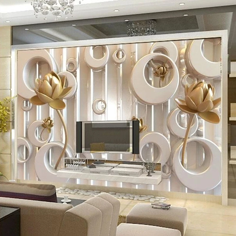 Custom 3D Mural Golden Lotus Ring Cycle Modern Luxury Wallpaper Living room sofa TV background wall bedroom restaurant Flowers