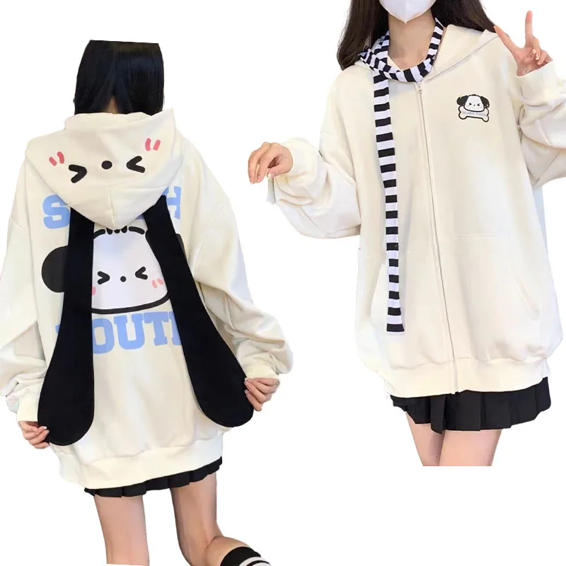 

Sanrios Spring Autumn Style Niche All-Match Hooded Sweater Pochacco Anime Cartoon Loose Cardigan Jacket Plus Fleece Top Women