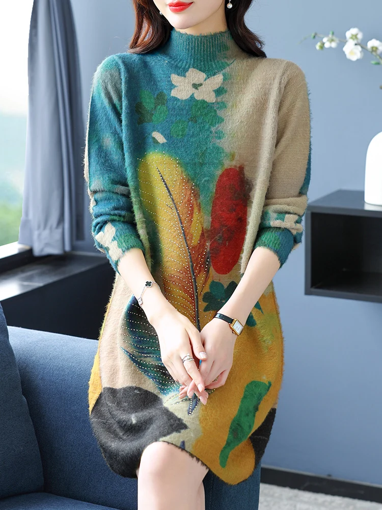 

Print Sweaters Dress Autumn Winter Casual Tops Pullovers Knitwear Jumper Pull Elasticity Thickened Warm Long Sweater Women