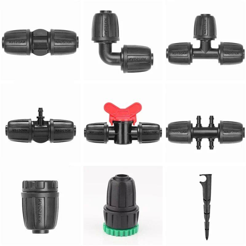 2–10 pcs 16 mm polyethylene irrigation fittings for garden and farm use — straight, angled, branching, and end-seal types — comp