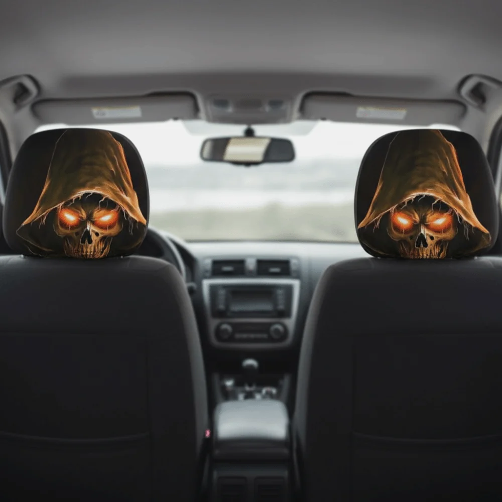 1pair Universal Fit Skull Headrest Cover Elastic Fabric Vivid Flat Print Skeleton Car Pillowcase Stretch Design Dust Proof