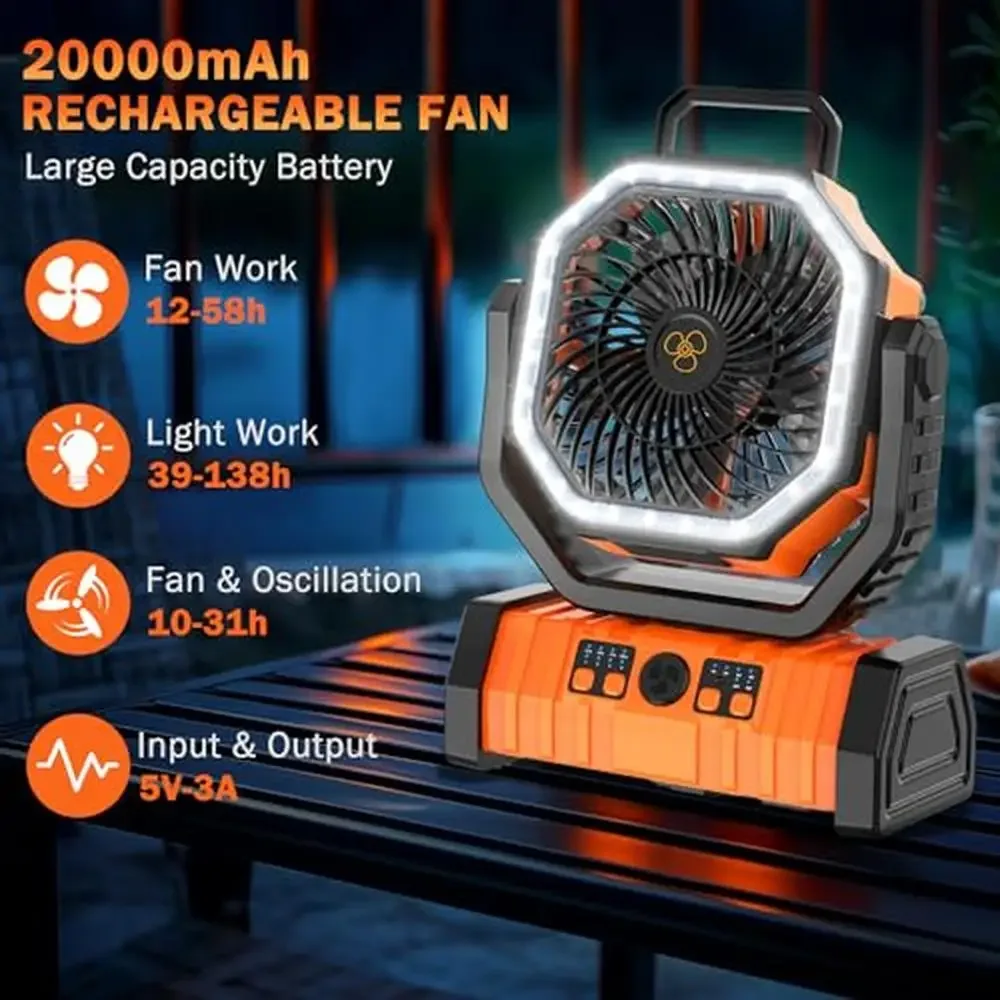 Portable Camping Fan 20000mAh Rechargeable Battery Powered Fan 4 Speed Remote Control Fan with LED Light Auto Oscillation Hook