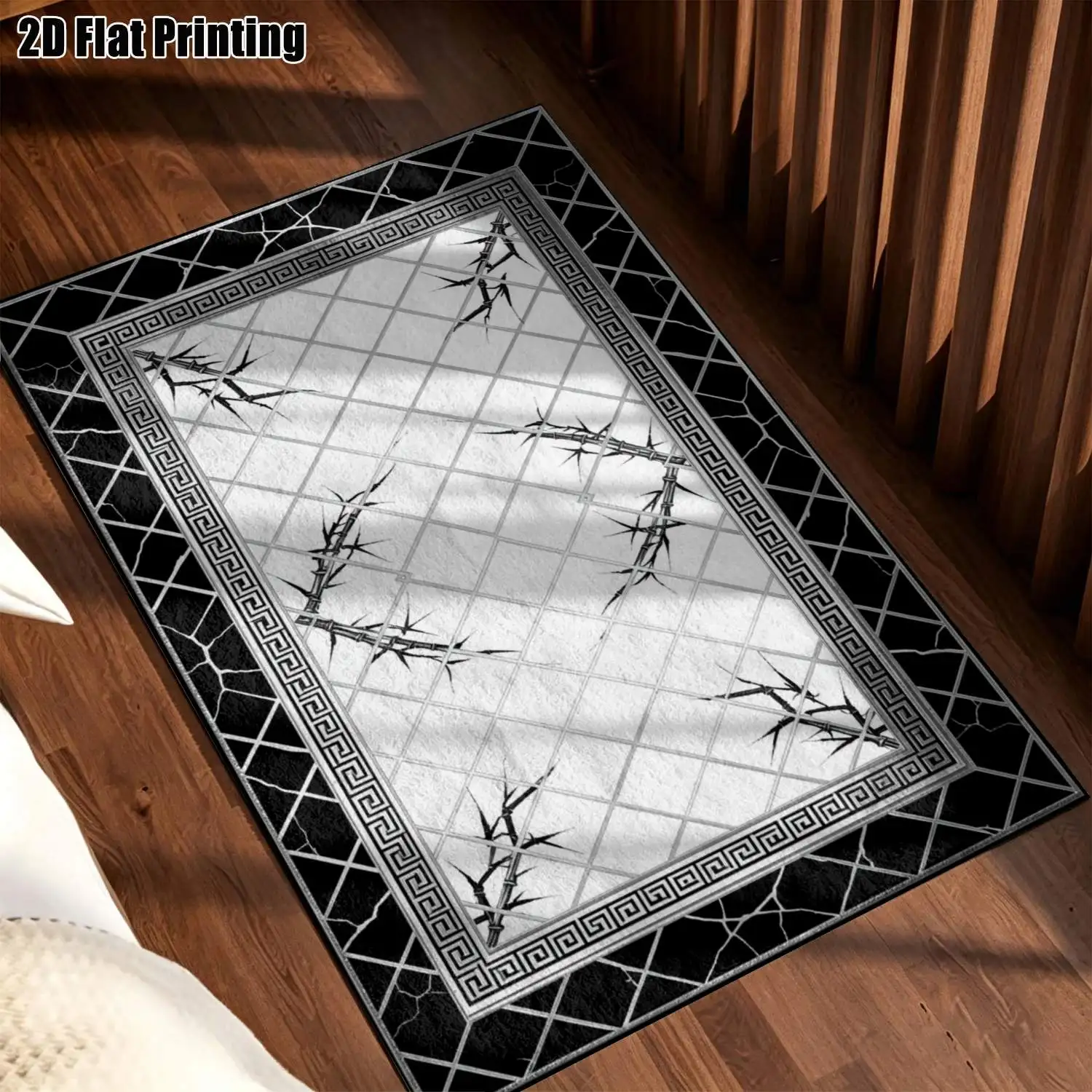 1Pc 2D Printed Carpet: Black Silver Geometric Thorn Pattern, European Modern Minimalist Style, Home Decor, Multiple Sizes, Machine Washable, for Entrance/Dining/Foyer/Bedroom/Study/Living Room