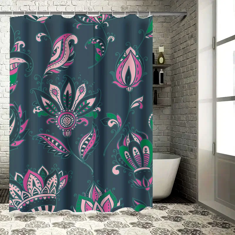 ستارة دش مطبوعة بالزهور نابضة بالحياة، ديكور حمام مقاوم للماء لتزيين غرفة المعيشة المنزلية، أخضر وردي أسود أرجواني (Bl) #3