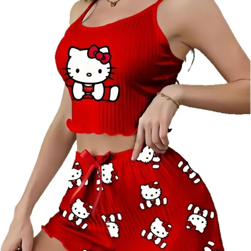 Kawaii سانريو مرحبا كيتي تي شيرت قصيرة الأكمام الصيف الكرتون قطعتين ملابس رياضية لليوجا السراويل الرياضية دعوى مثير الحمالات منامة البدلة