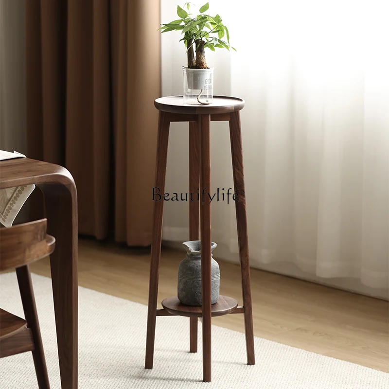 Black walnut flower stand Nordic all solid wood succulent bonsai stand simple new Chinese floor round flower table