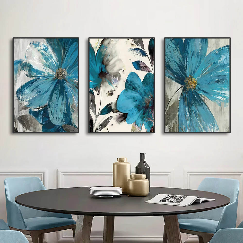 النباتية جدار الفن قماش لوحات الحياة تزهر ، Paint الأزرق الطلاء الزهور ، غرفة المعيشة الملصقات ، جدار الفن الديكور ، 3 قطعة