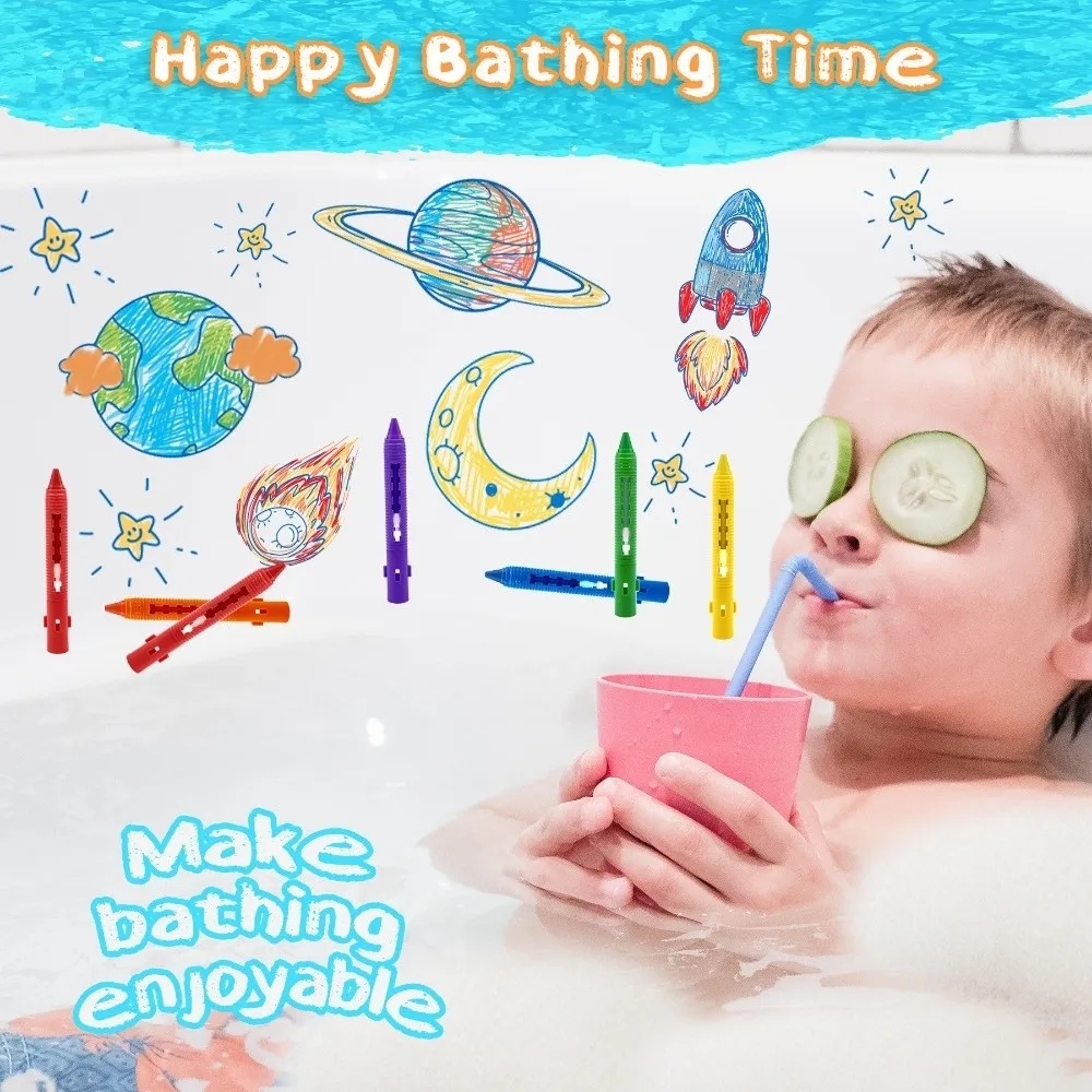 مجموعة مكونة من 6 قطع من أقلام تلوين الحمام الملونة القابلة للغسل، سهلة التنظيف وقابلة للغسل، علامات حوض الاستحمام للعب المائي