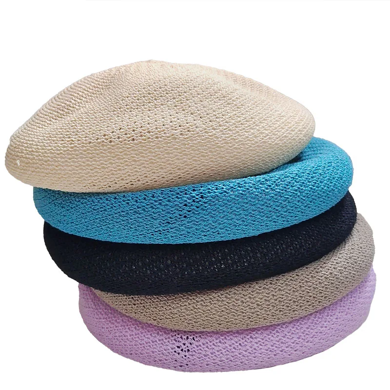 2023 New Berets cap for women summer thin knitted linen versatile three-dimensional artist hat purple cap breathable pumpkin cap