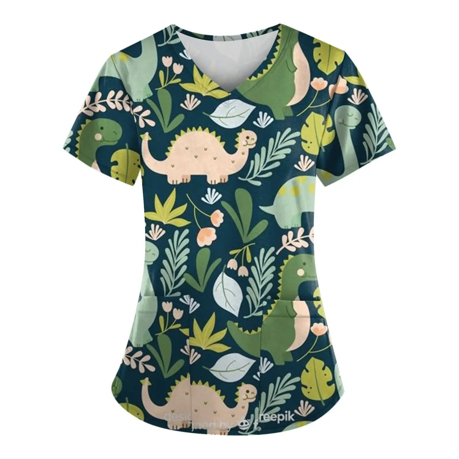 Chirurgische Uniformen Frau Dinosaurier Cartoon Print Gesundheitspflege Krankenschwester Tops V-Ausschnitt Micro-Stretch Kurzarm Klinische Uniform Frau – Detail 5